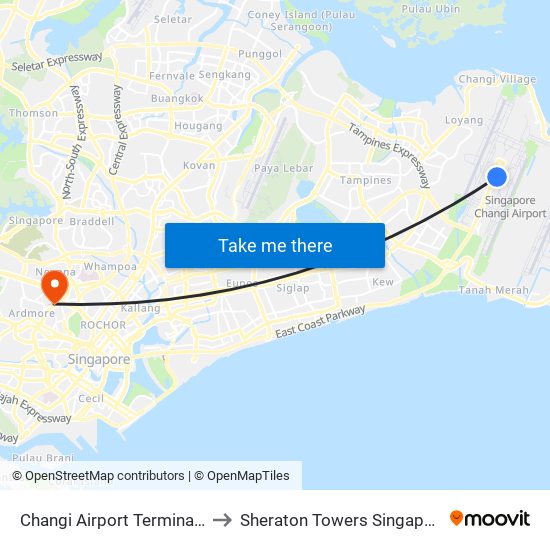 Changi Airport Terminal 2 to Sheraton Towers Singapore map