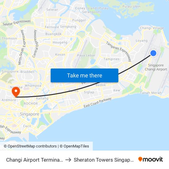 Changi Airport Terminal 1 to Sheraton Towers Singapore map