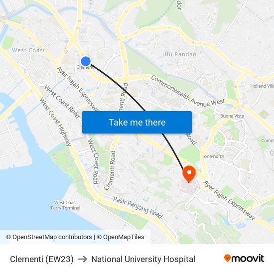 Clementi (EW23) to National University Hospital map