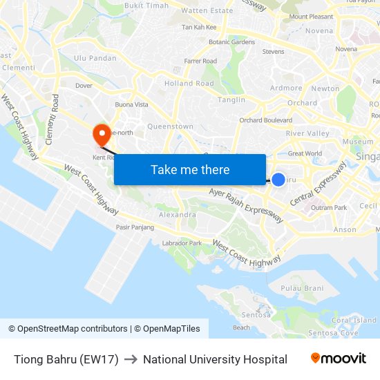 Tiong Bahru (EW17) to National University Hospital map