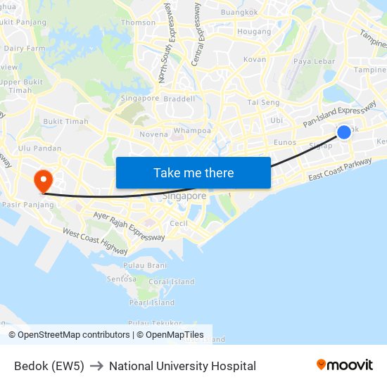 Bedok (EW5) to National University Hospital map