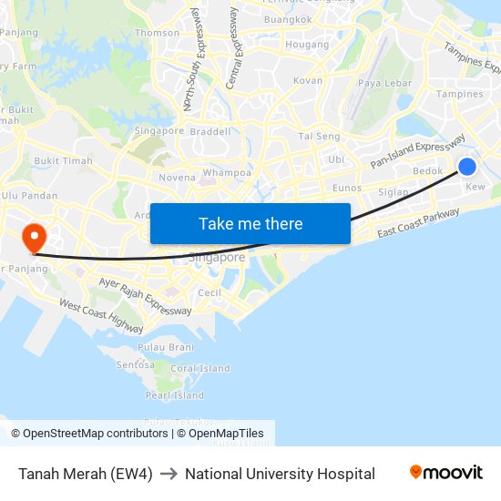 Tanah Merah (EW4) to National University Hospital map