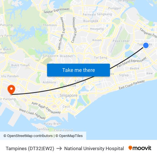 Tampines (DT32|EW2) to National University Hospital map