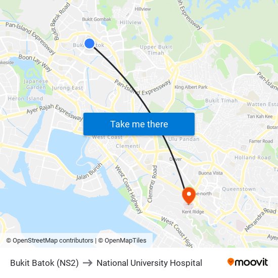 Bukit Batok (NS2) to National University Hospital map