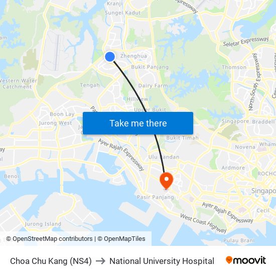 Choa Chu Kang (NS4) to National University Hospital map