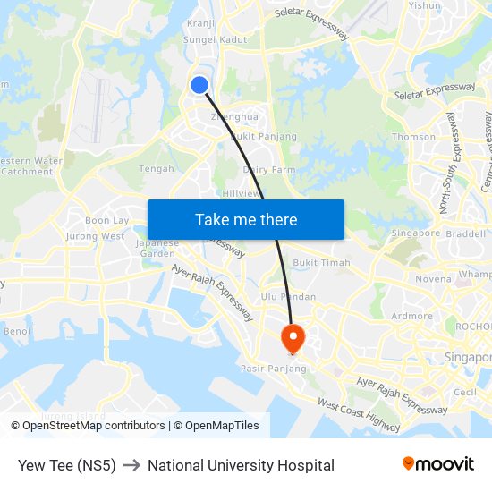 Yew Tee (NS5) to National University Hospital map