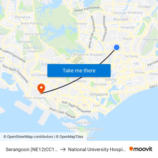 Serangoon (NE12|CC13) to National University Hospital map