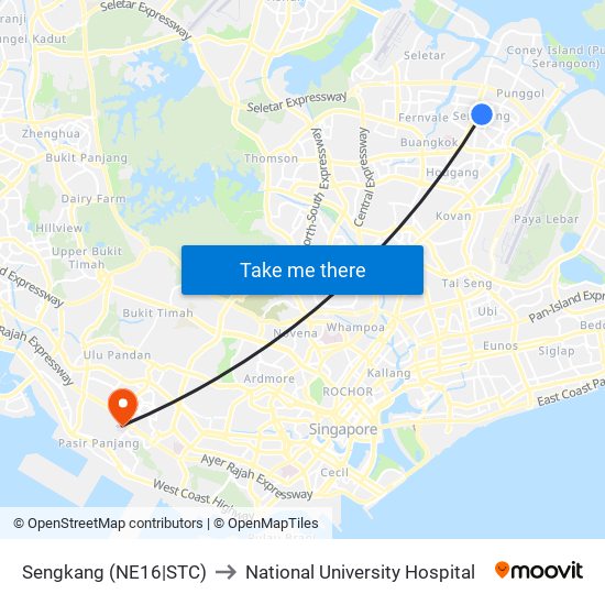 Sengkang (NE16|STC) to National University Hospital map