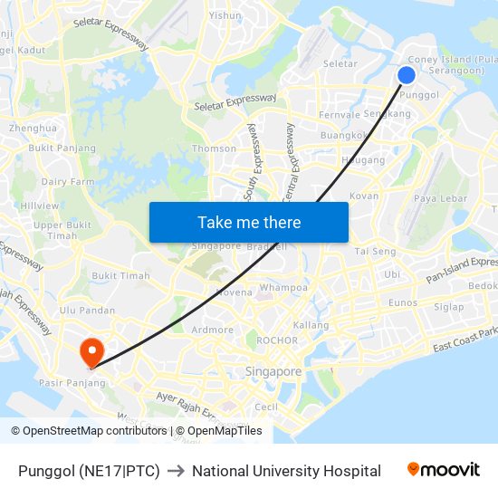 Punggol (NE17|PTC) to National University Hospital map