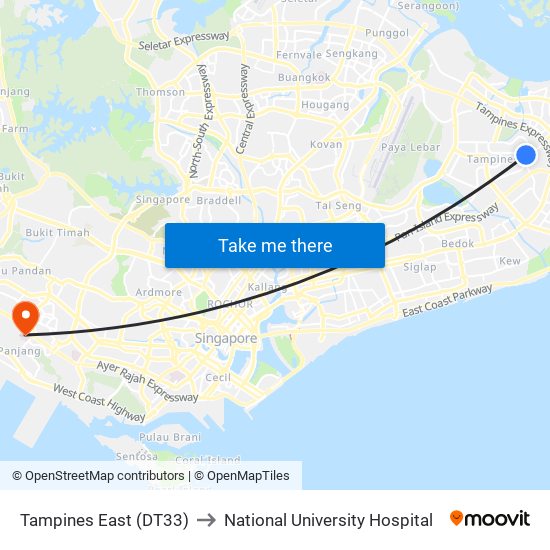 Tampines East (DT33) to National University Hospital map