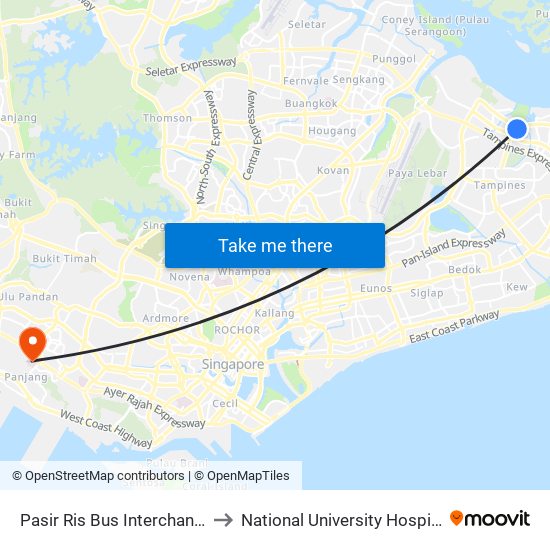 Pasir Ris Bus Interchange to National University Hospital map