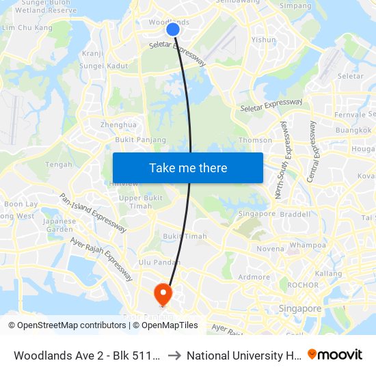 Woodlands Ave 2 - Blk 511 (46331) to National University Hospital map