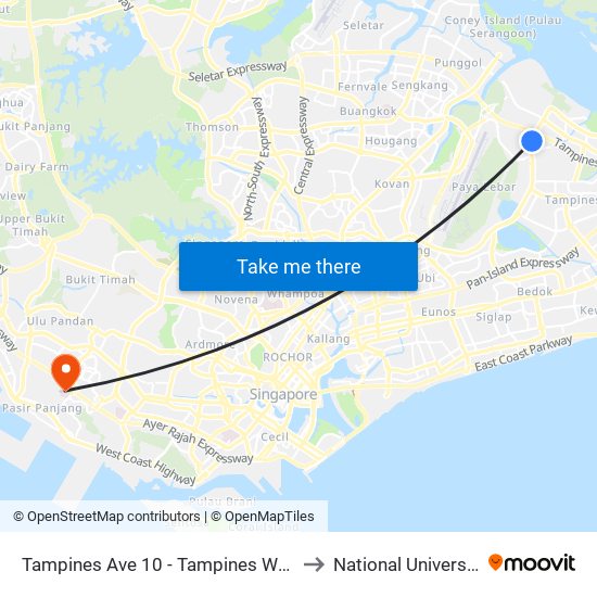 Tampines Ave 10 - Tampines Wafer Fab Pk (75351) to National University Hospital map