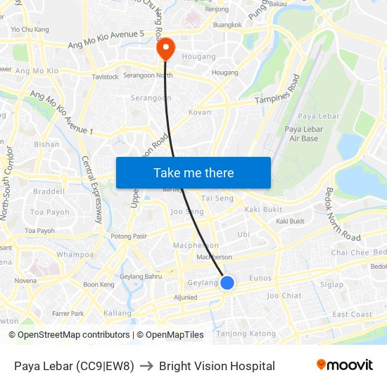 Paya Lebar (CC9|EW8) to Bright Vision Hospital map