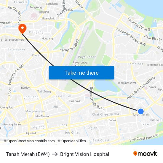 Tanah Merah (EW4) to Bright Vision Hospital map