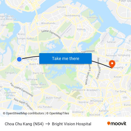 Choa Chu Kang (NS4) to Bright Vision Hospital map