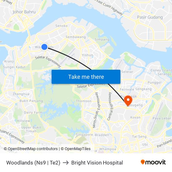 Woodlands (Ns9 | Te2) to Bright Vision Hospital map