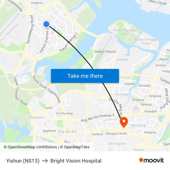 Yishun (NS13) to Bright Vision Hospital map