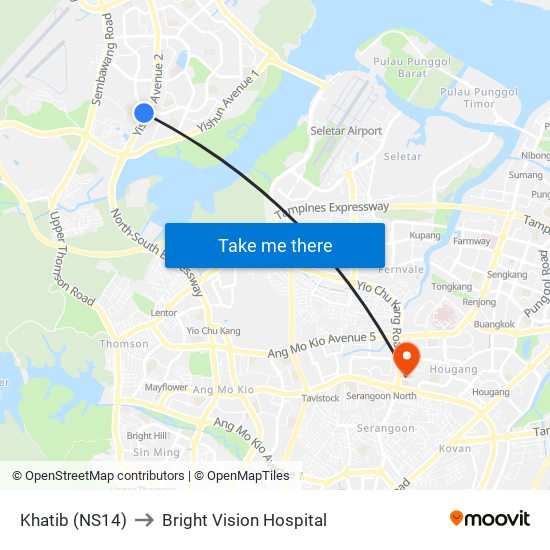 Khatib (NS14) to Bright Vision Hospital map