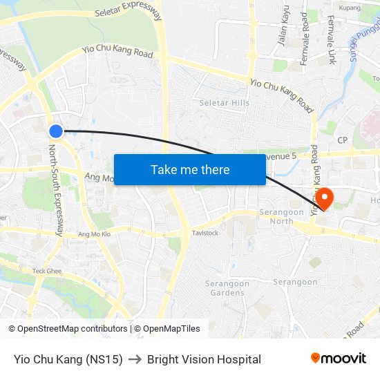 Yio Chu Kang (NS15) to Bright Vision Hospital map