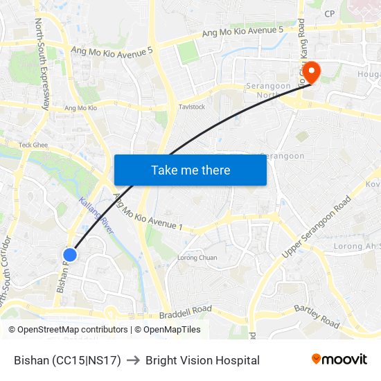 Bishan (CC15|NS17) to Bright Vision Hospital map