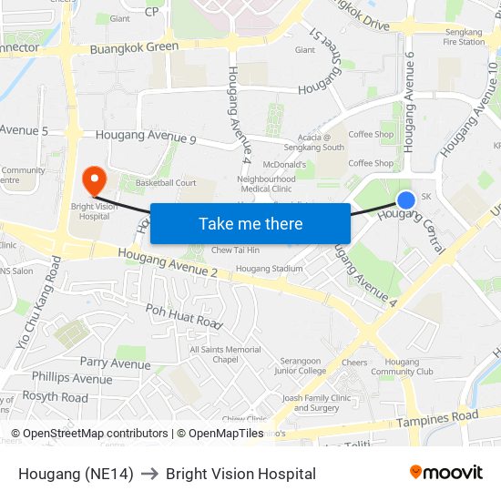 Hougang (NE14) to Bright Vision Hospital map