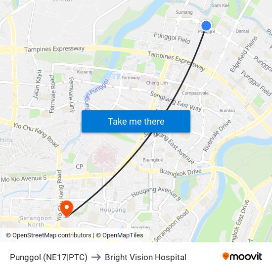 Punggol (NE17|PTC) to Bright Vision Hospital map