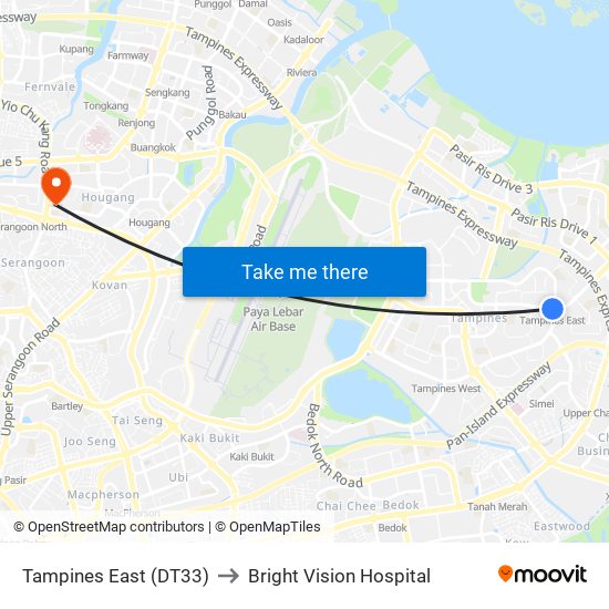 Tampines East (DT33) to Bright Vision Hospital map