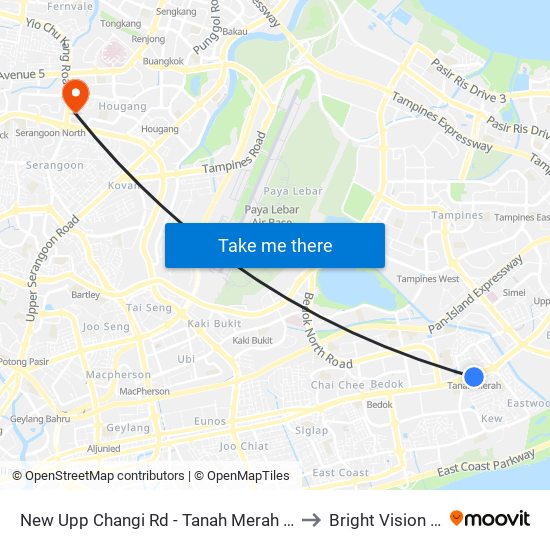 New Upp Changi Rd - Tanah Merah Stn Exit A (85099) to Bright Vision Hospital map