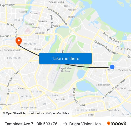 Tampines Ave 7 - Blk 503 (76199) to Bright Vision Hospital map