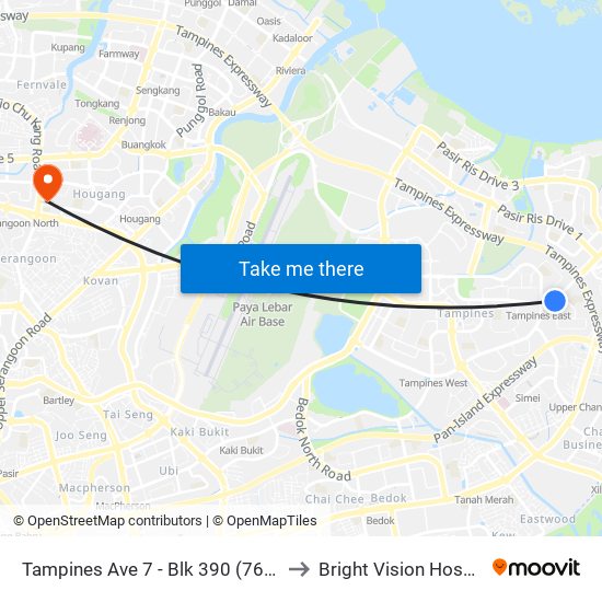 Tampines Ave 7 - Blk 390 (76239) to Bright Vision Hospital map
