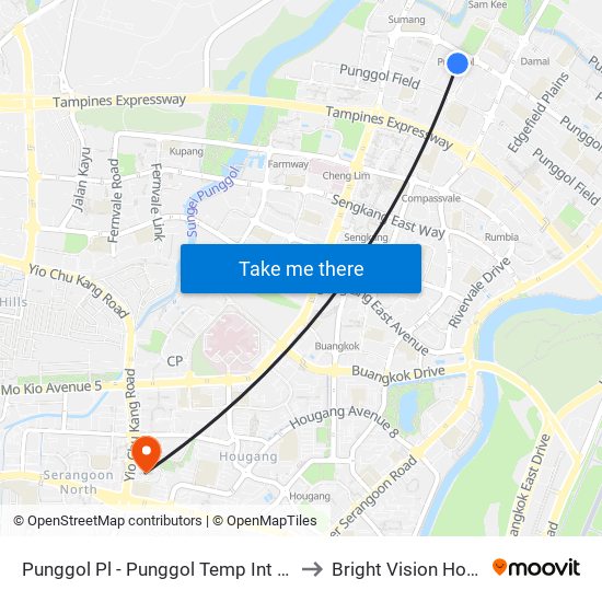 Punggol Pl - Punggol Temp Int (65009) to Bright Vision Hospital map