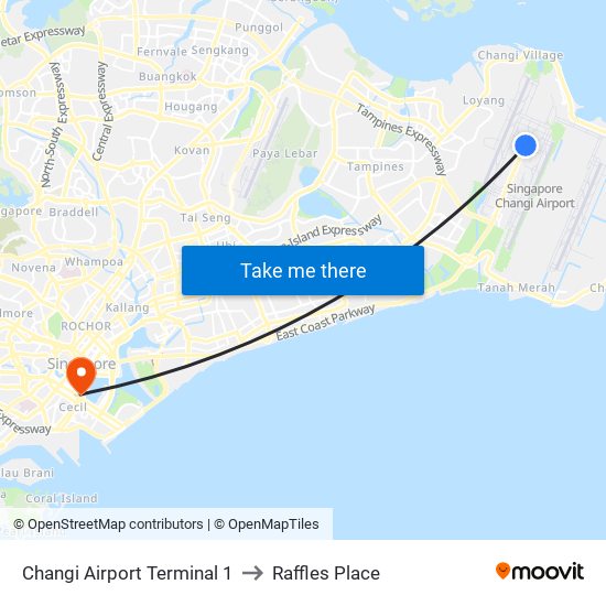 Changi Airport Terminal 1 to Raffles Place map