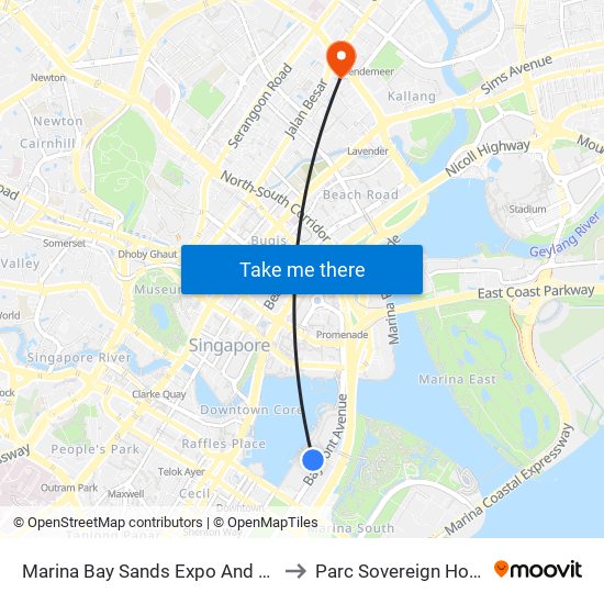 Marina Bay Sands Expo And Convention Centre to Parc Sovereign Hotel (Tyrwhitt) map