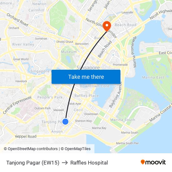 Tanjong Pagar (EW15) to Raffles Hospital map