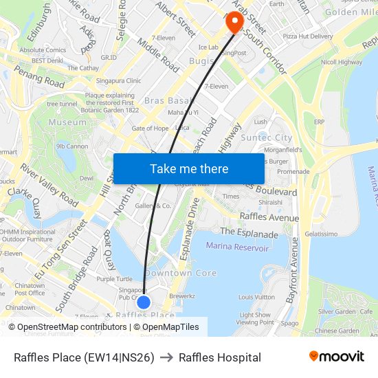 Raffles Place (EW14|NS26) to Raffles Hospital map