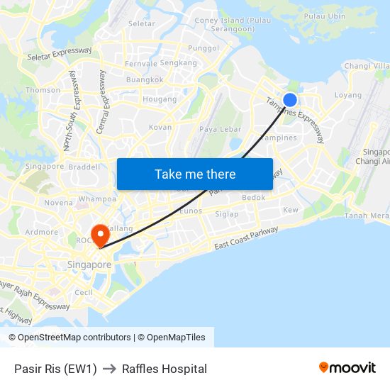Pasir Ris (EW1) to Raffles Hospital map
