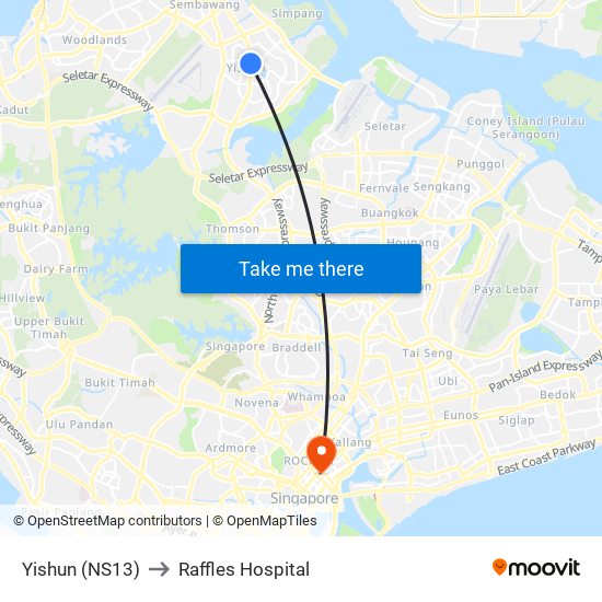 Yishun (NS13) to Raffles Hospital map
