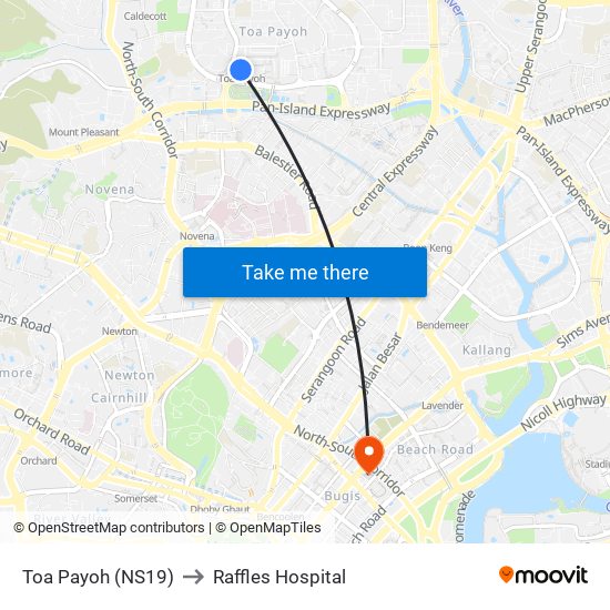 Toa Payoh (NS19) to Raffles Hospital map