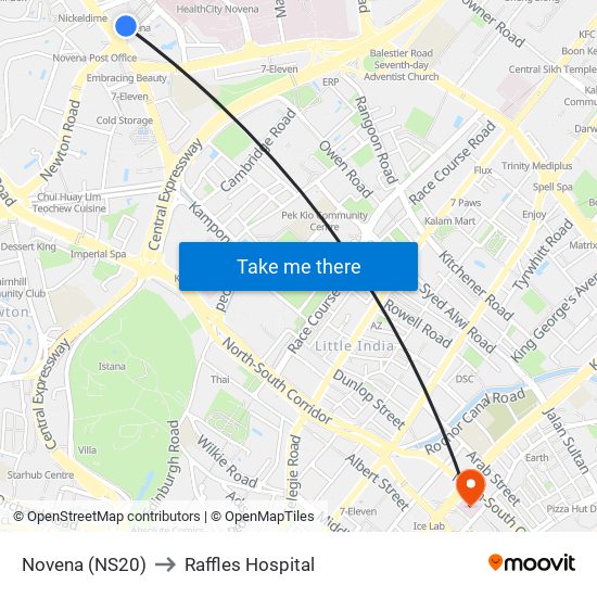 Novena (NS20) to Raffles Hospital map