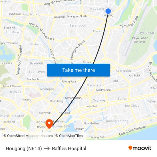 Hougang (NE14) to Raffles Hospital map