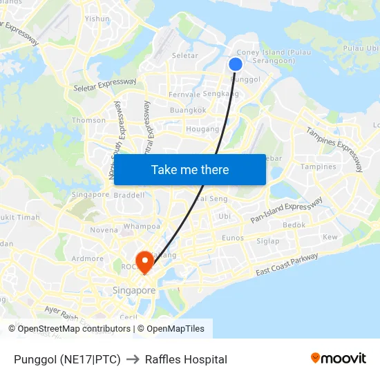 Punggol (NE17|PTC) to Raffles Hospital map