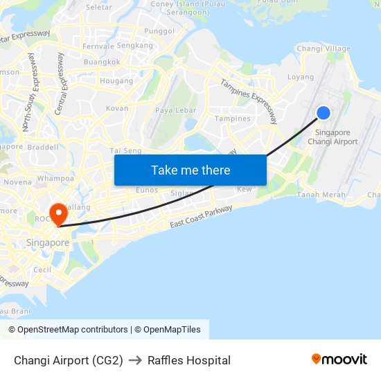 Changi Airport (CG2) to Raffles Hospital map