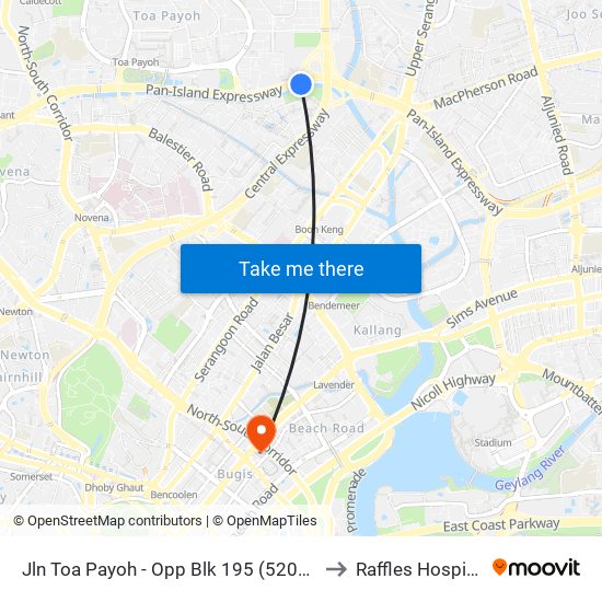 Jln Toa Payoh - Opp Blk 195 (52089) to Raffles Hospital map