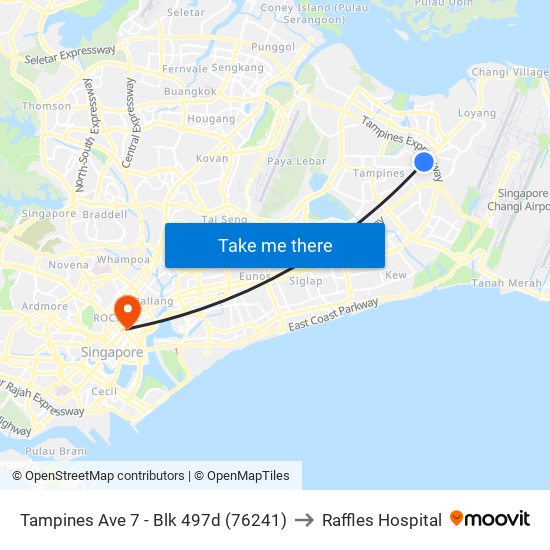 Tampines Ave 7 - Blk 497d (76241) to Raffles Hospital map