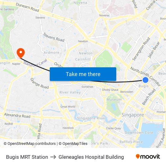 Bugis MRT Station to Gleneagles Hospital Building map
