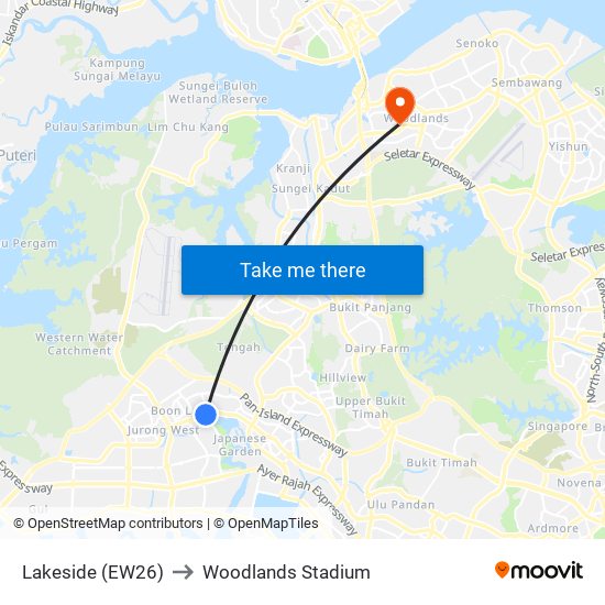 Lakeside (EW26) to Woodlands Stadium map