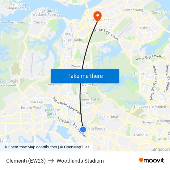 Clementi (EW23) to Woodlands Stadium map