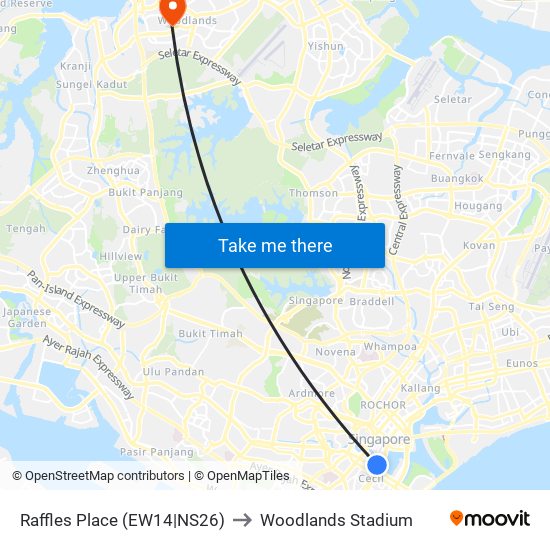 Raffles Place (EW14|NS26) to Woodlands Stadium map