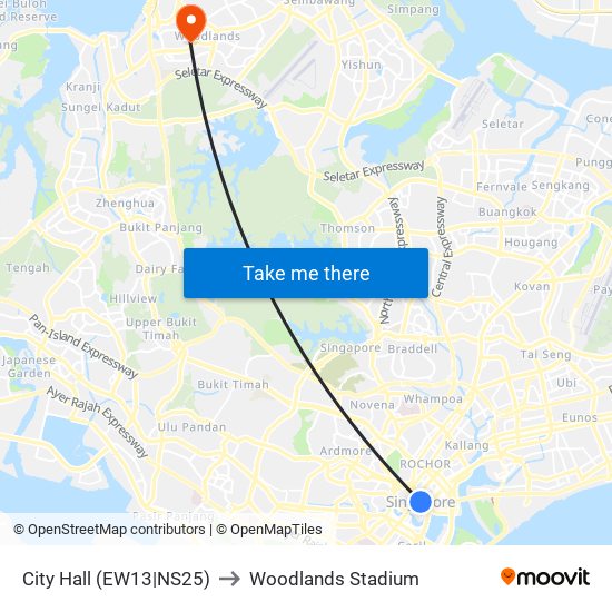 City Hall (EW13|NS25) to Woodlands Stadium map